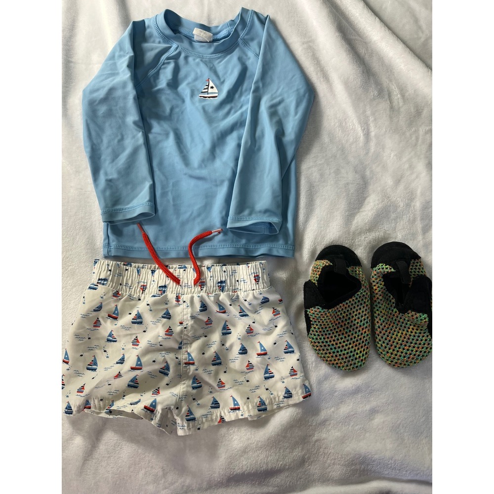 Starting Out Boys 3pc Swim Set Rash Guard Trunks Water Shoes Sailboat 18-24M